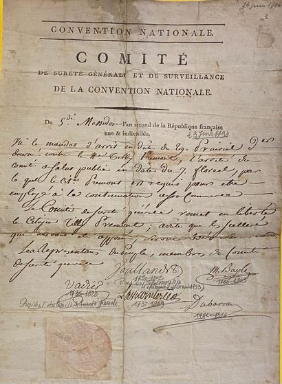 null 
Une P.S. par 5 membres du Comité, 5 messidor II (23 juin 1794 ; 1 p. in-fol.,...
