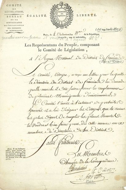 null COMITÉ DE LÉGISLATION. L.S. par Jean-Étienne Bar, Cambacérès et François Oudot,...