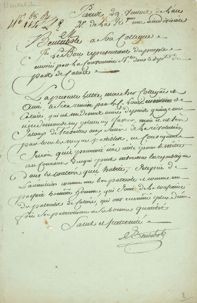 null Pierre-Louis BENTABOLE (1756-1798) conventionnel (Bas-Rhin). L.A.S., Paris 20...