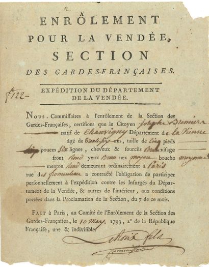 null VENDÉE. 6 lettres ou pièces, 1793-1794.



Aux Sables,27 avril 1793. Déclaration...
