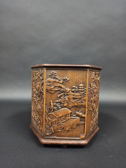 null Bamboo brush pot of hexagonal shape, the panels carved in light relief of pagodas...