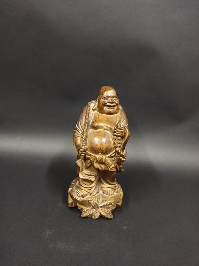 null Prosperity Buddha in wood, formerly gilded, holding on his back his bag and...