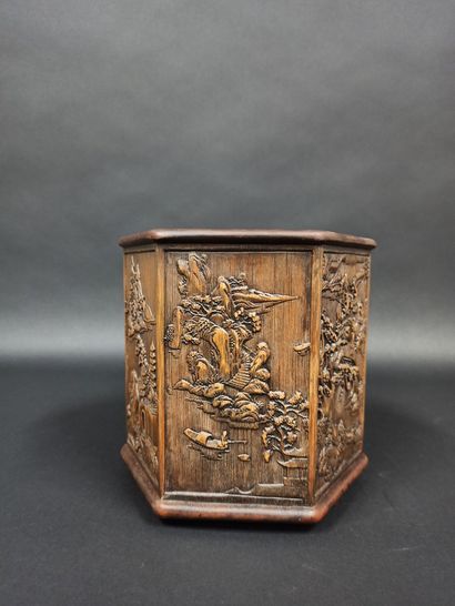 null Bamboo brush pot of hexagonal shape, the panels carved in light relief of pagodas...