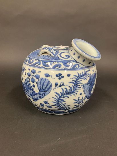 null Porcelain kendi with blue and white friezes of fish and phoenix.

China XXth.

H....