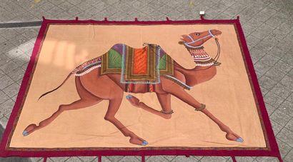 null Large polychrome pitchway showing a camel in profile, wearing a ceremonial arnachement.

India,...