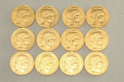 null Lot of twelve gold coins of 20 francs coq (1911 x 2 ; 1912 x 3 ; 1913 x 5 ;...