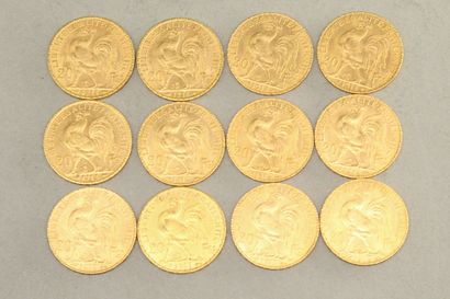 null Lot de douze pièces en or de 20 francs coq (1911 x 2 ; 1912 x 3 ; 1913 x 5 ;...