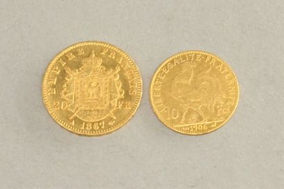 null Lot of two gold coins including:

- 20 Francs Napoleon III head laurel, (1867...