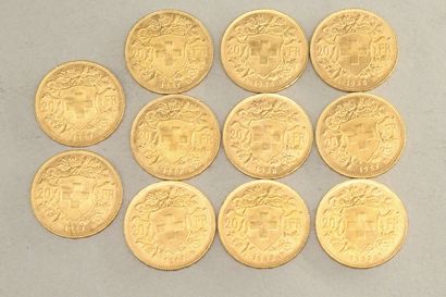 null Lot of eleven gold coins of 20 francs Vreneli (1927 B x 5 ; 1935 LB x 5 ; 1947...