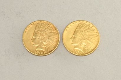 null Lot de deux pièces en or de 10 dollars "Indian Head - Eagle" (1908 D ; 1913...