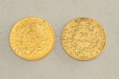null Lot de deux pièces en or de 20 francs (1851 A x 2)

Poids : 12.82 g. 



FRAIS...