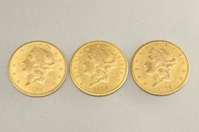 null Lot de trois pièces en or de 20 dollars "Liberty Head - Double Eagle" (1900...