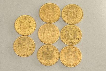 null Lot of eight gold coins of 20 francs Napoleon III head laurel (1861 A x 2 ;...