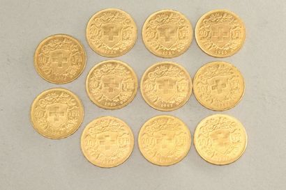 null Lot de onze pièce en or de 20 francs Vreneli (1900 B ; 1902 B x 2 ; 1913 B ;...