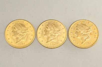 null Lot de trois pièces en or de 20 dollars "Liberty Head - Double Eagle" (1904...