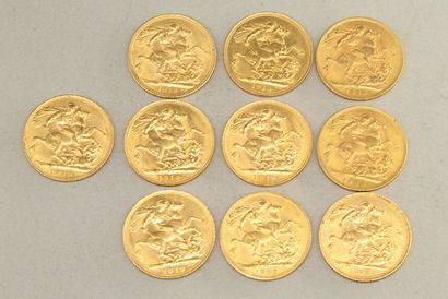 null Lot de dix Souverains en or comprenant : 

- Edouard VII (1910)

- 9 x George...