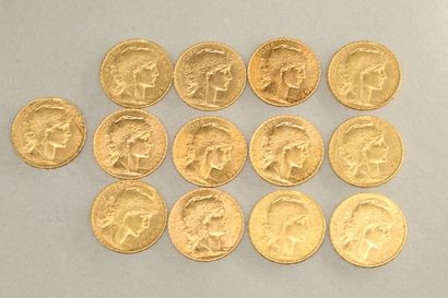 null Lot de treize pièces en or de 20 francs Coq (1902 x 2 ; 1903 ; 1904 ; 1905 ;...