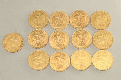 null Lot de treize pièces en or de 20 francs Coq (1902 x 2 ; 1903 ; 1904 ; 1905 ;...