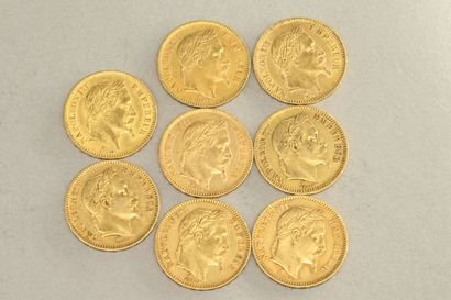 null Lot de huit pièces en or de 20 francs Napoléon III tête laurée (1861 A x 2 ;...