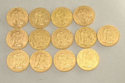 null Lot de treize pièces en or de 20 francs Génie IIIè République (1875 A ; 1876...