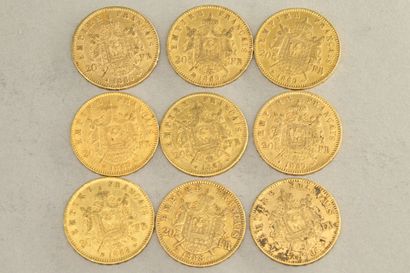 null Lot of nine gold coins of Napoleon III head laurel (1865 BB x 2 ; 1866 A x 2...