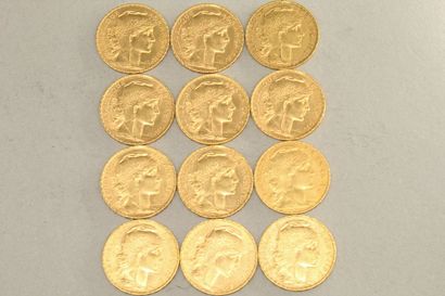 null Lot of twelve gold coins of 20 francs coq (1904 x 2 ; 1905 x 2 ; 1906 x 2 ;...