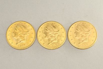 null Lot de trois pièces en or de 20 dollars "Liberty Head - Double Eagle" (1907...