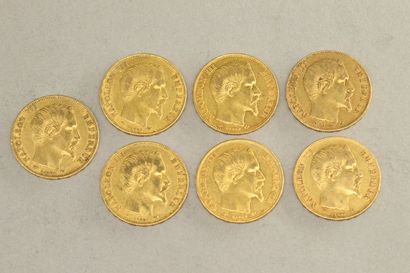 null Lot de sept pièces en or de 20 francs Napoléon III tête nue (1858 A x 4 ; 1859...