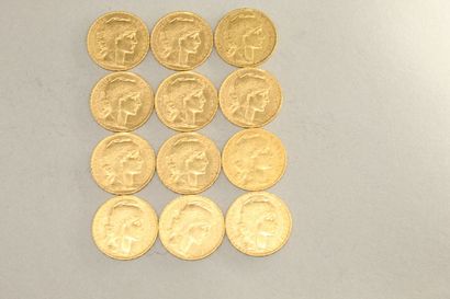 null Lot de douze pièces en or de 20 francs coq (1904 x 2 ; 1905 x 2 ; 1906 x 2 ;...