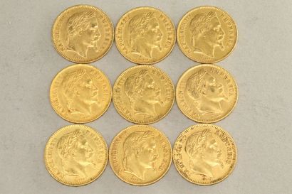 null Lot of nine gold coins of Napoleon III head laurel (1865 BB x 2 ; 1866 A x 2...