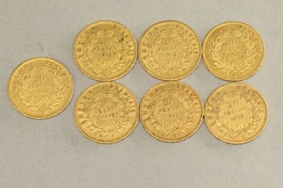 null Lot de sept pièces en or de 20 francs Napoléon III tête nue (1858 A x 4 ; 1859...