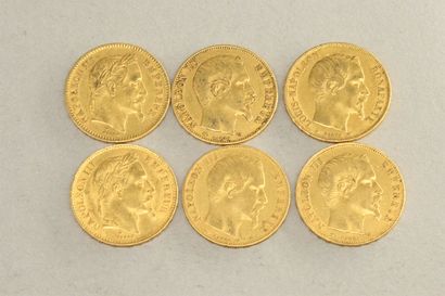 null Lot of six gold coins of 20 francs Napoleon III bare head and head laurel (1852...