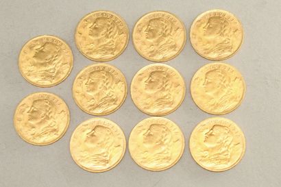 null Lot of eleven gold coins of 20 francs Vreneli (1927 B x 5 ; 1935 LB x 5 ; 1947...