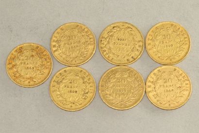 null Lot de sept pièces en or de 20 francs Napoléon III tête nue (1858 BB ; 1859...