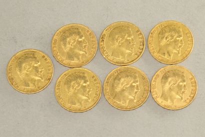 null Lot de sept pièces en or de 20 francs Napoléon III tête nue (1858 BB ; 1859...