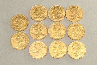 null Lot de onze pièce en or de 20 francs Vreneli (1900 B ; 1902 B x 2 ; 1913 B ;...