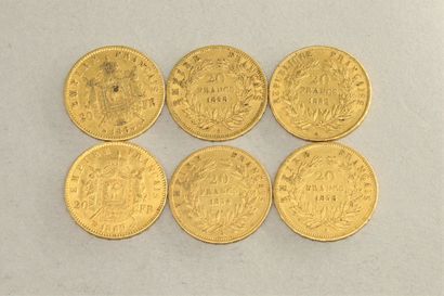 null Lot de six pièces en or de 20 francs Napoléon III tête nue et tête laurée (1852...