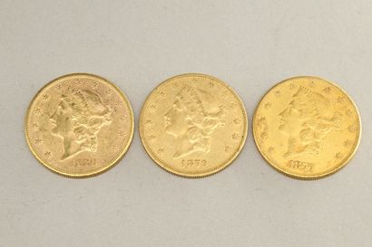 null Lot de trois pièces en or de 20 dollars "Liberty Head - Double Eagle" (1877...