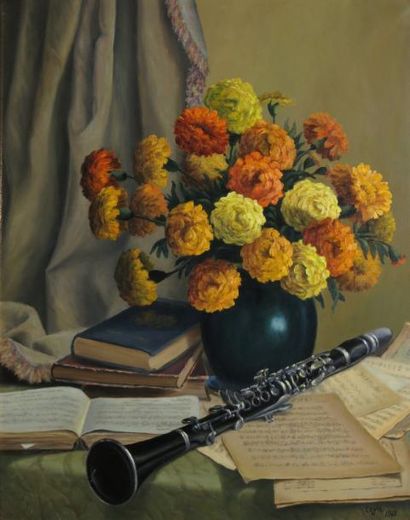 CEGLA, XXe siècle, Partitions, clarinette et roses d'Inde, 1968 huile sur toile,...
