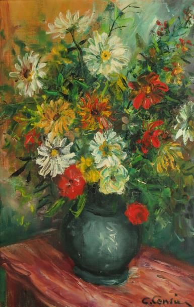 CENSIER Constant, 1920-1987, Bouquet sur une table d'acajou huile sur toile, signée...