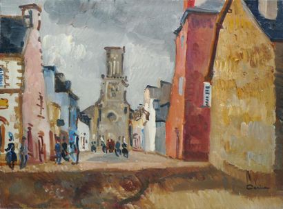 CERIA Edmond, 1884-1955, Rue animée à l'église huile sur toile, signé en bas à droite...