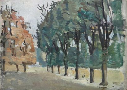 CERIA Edmond, 1884-1955, Place aux arbres huile sur panneau, signé en bas à droite,...