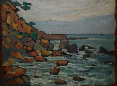CERIA Edmond, 1884-1955, Bord de mer aux rochers huile sur panneau, signé en bas...