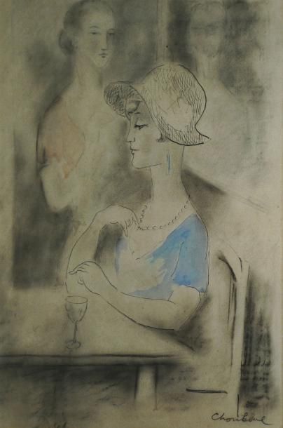 CHOUBINE Serge, actif circa 1900-1931, Femme au café plume, encre noire, estompe...