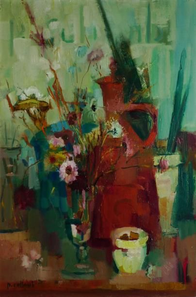 COLLOMB Paul, né en 1921, Bouquet et pichet rouge huile sur toile, signée en bas...