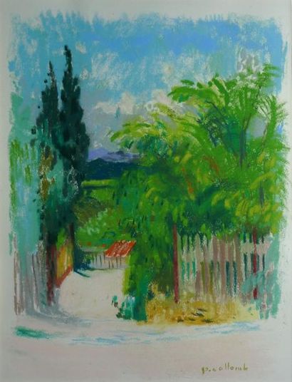 COLLOMB Paul, né en 1921, Devant le jardin dessin aux pastels gras, signé en bas...