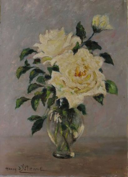 D'ESTIENNE Henry, 1872-1949, Roses blanches huile sur panneau, signé en bas à gauche,...