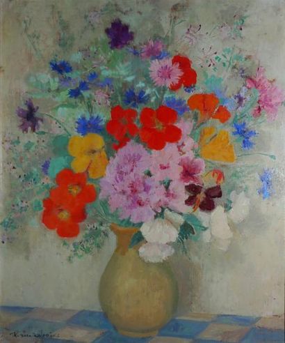 DEBAINS Thérèse, 1907-1975, Bouquet champêtre huile sur panneau, signé en bas à gauche,...