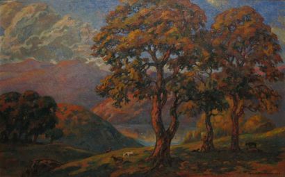DEVERIN Roger, 1884-1973, Vallons, lac et berger, 1920 huile sur toile, signée et...