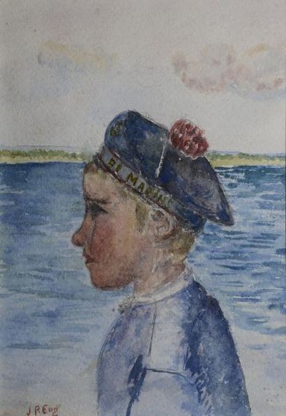 ÉCOLE MODERNE, Jeune marin de profil, 1902 aquarelle, monogramme : J.P.E. et date...